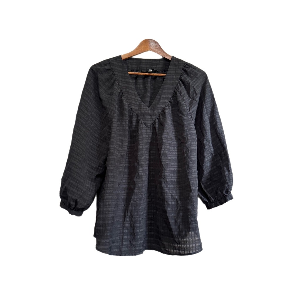 Slim Factor Blouse Womens Large Black Excellent Tonal Stripe V-Neck 3/4 Sleeve